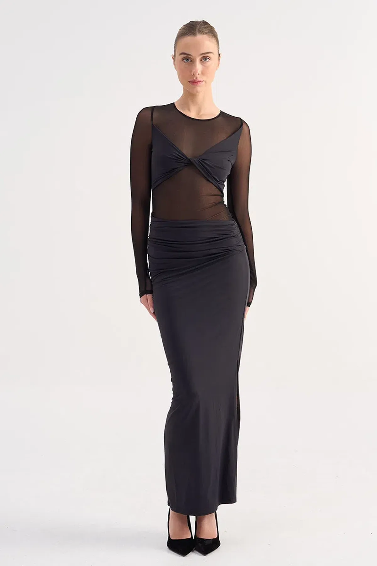 Suboo Auguste Long Sleeve Mesh Jersey Maxi Dress Black Size XS / AU 6 for rent on The Volte - main image