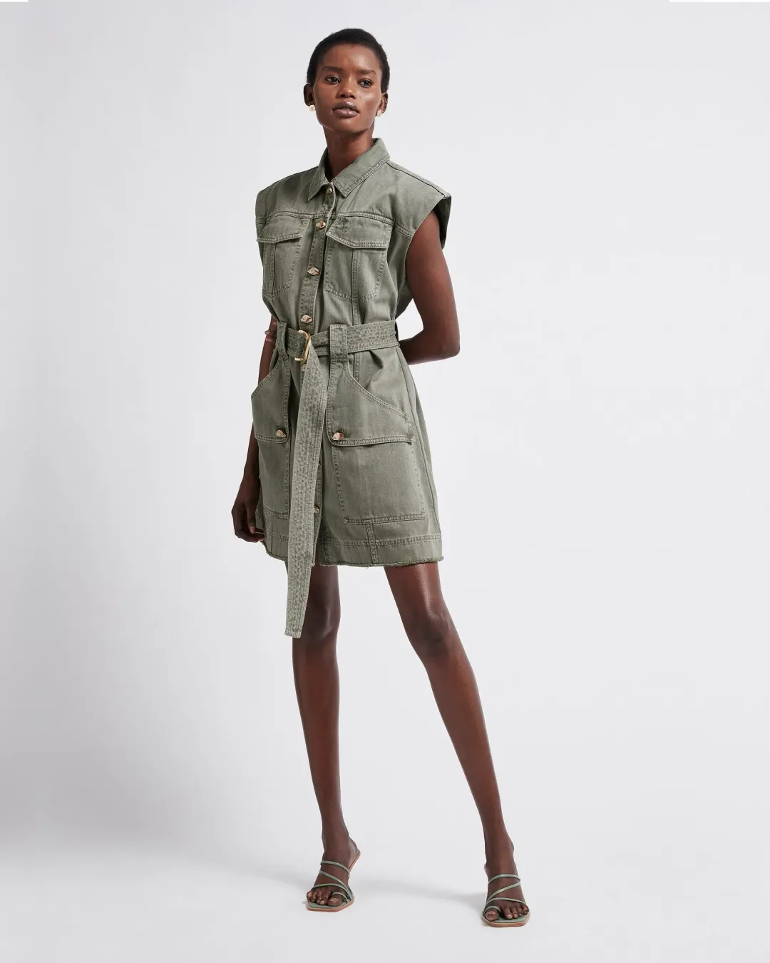 Aje Darcel Denim Belted Sleeveless Mini Dress Oak Moss Size 8 for rent on The Volte - main image