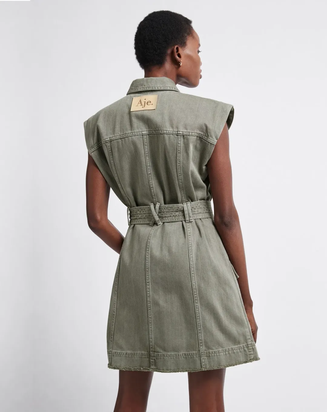 Aje Darcel Denim Belted Sleeveless Mini Dress Oak Moss Size 8 for rent on The Volte - main image