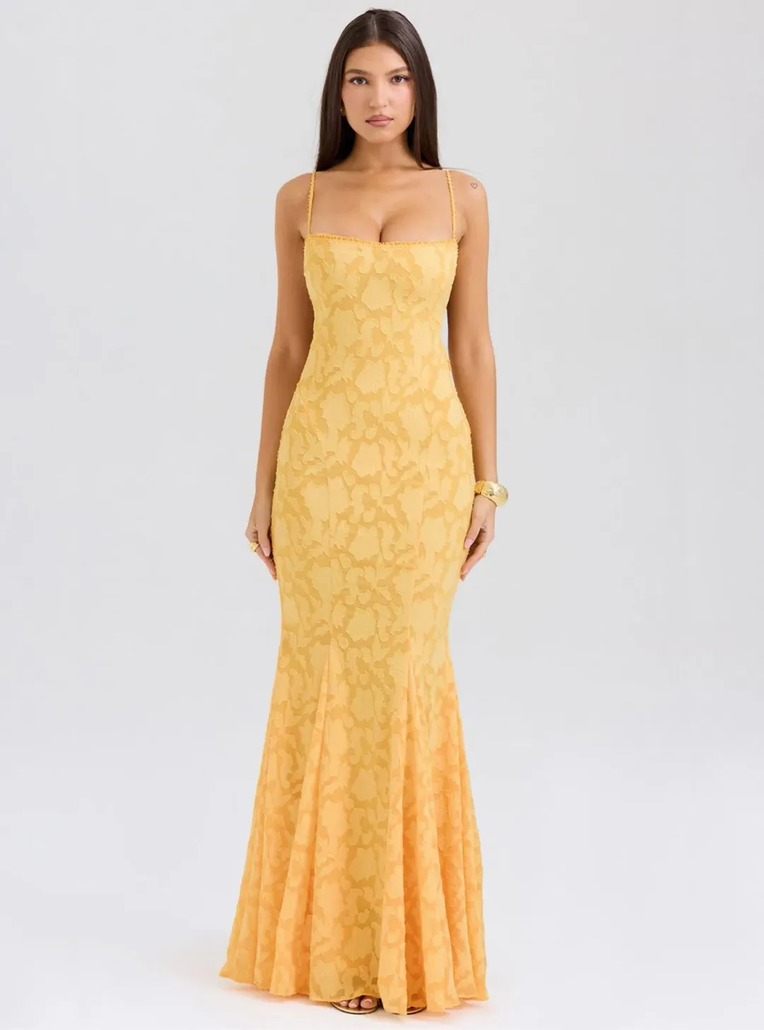 House of CB Joan Lace Up Back Maxi Dress Apricot Yellow Size 8 for rent on The Volte - main image