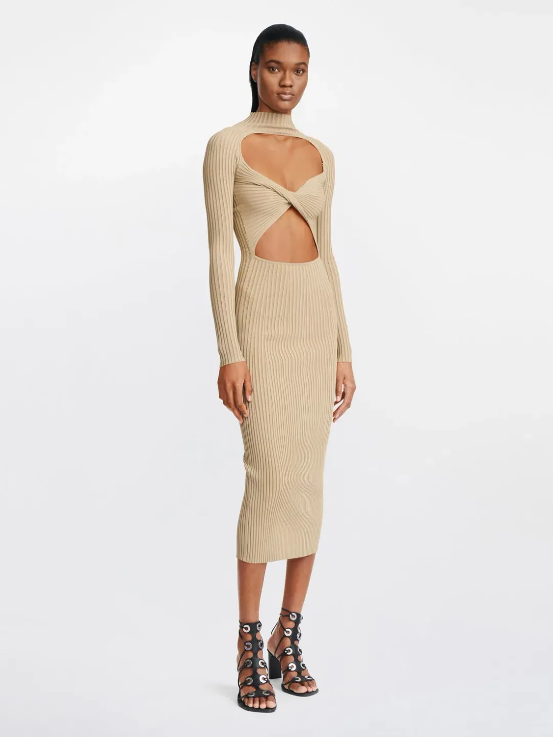Dion Lee Stripe Rib Twist Midi Dress in Sahara Size M / AU 10  for rent on The Volte - main image