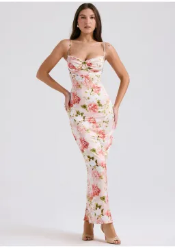 House of CB Josefina Satin Maxi Dress Pink Peony Floral Print Size S / AU 8 for rent on The Volte - image 1