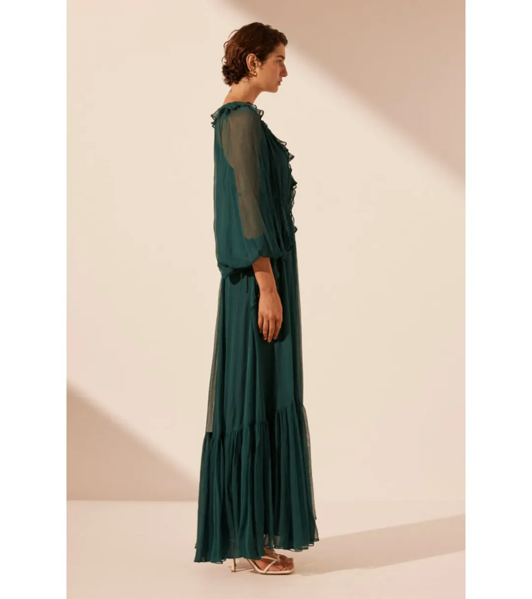 Shona Joy Layla Drawstring Ruffle Maxi Dress Dark Teal Size AU 14 for rent on The Volte - main image
