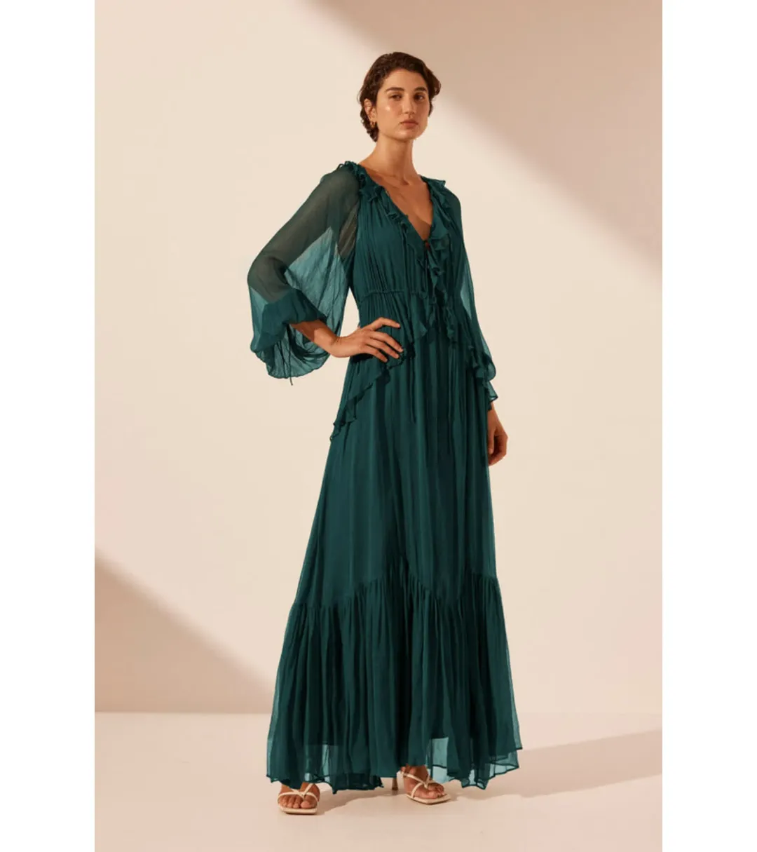 Shona Joy Layla Drawstring Ruffle Maxi Dress Dark Teal Size AU 14 for rent on The Volte - main image