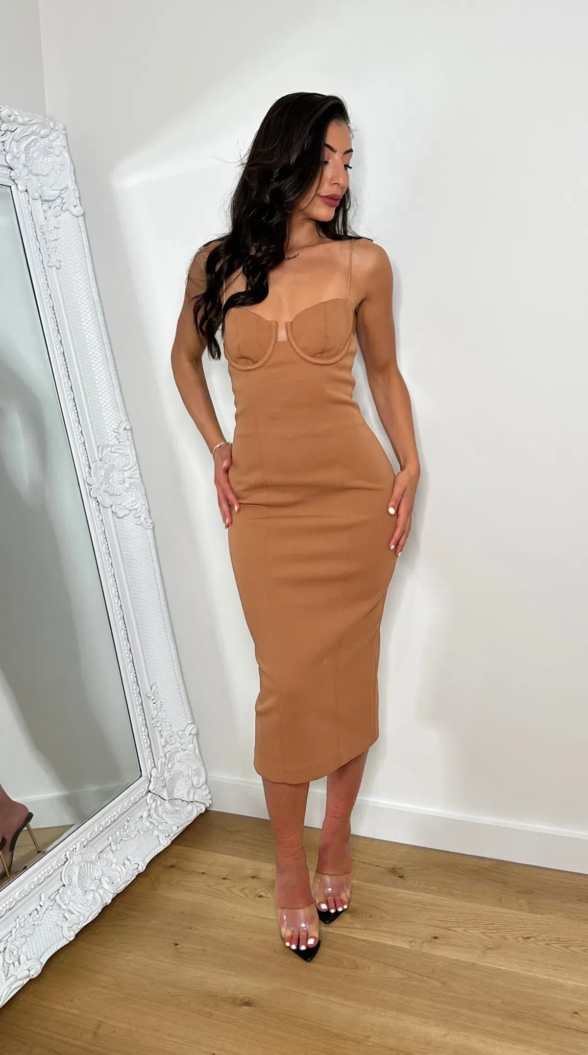 Misha Cristal Bonded Crepe Midi Dress Praline Brown Size 8/S for rent on The Volte - main image