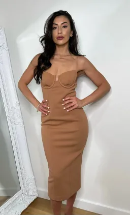 Misha Cristal Bonded Crepe Midi Dress Praline Brown Size 8/S for rent on The Volte - image 2