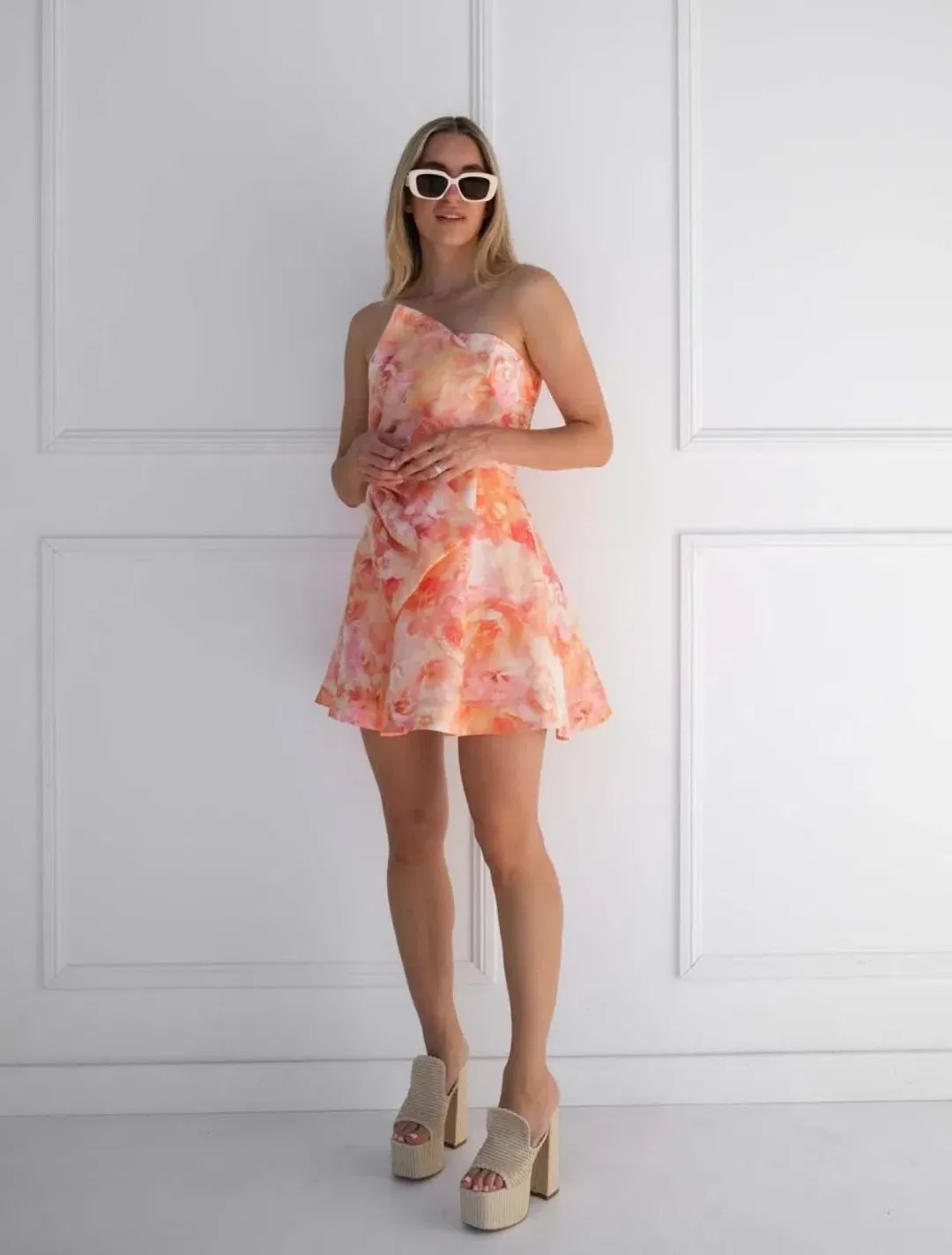 La Maison Talulah Camellia Mini Dress Rosetta Coral Print Size XS/Au 6  for rent on The Volte - main image