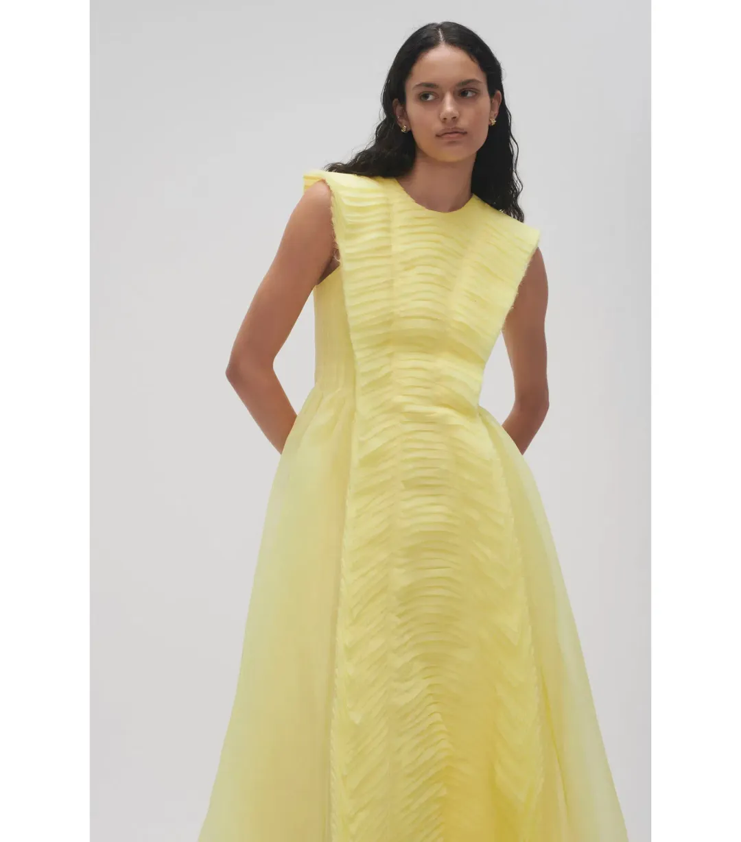 Aje Astrid Pleat Panel Midi Dress Soft Lemon Yellow Size AU 6 for rent on The Volte - main image