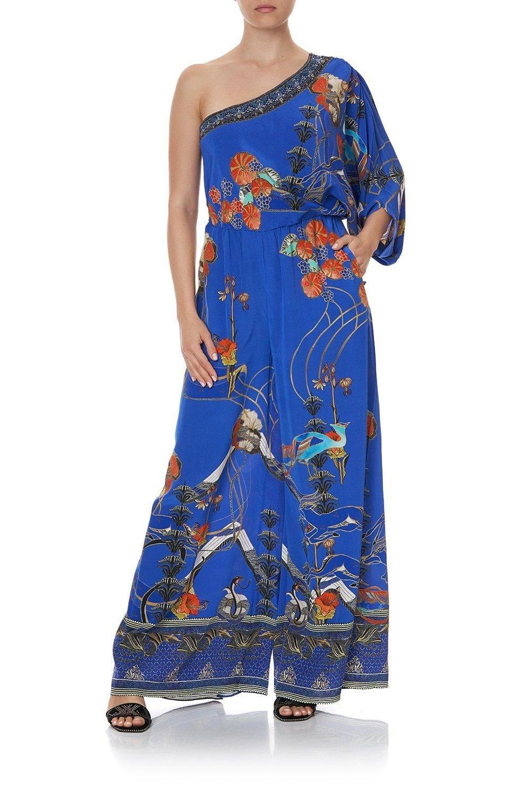 Camilla One Shoulder Flared Jumpsuit Tree of Life Size 10 for rent on The Volte - main image