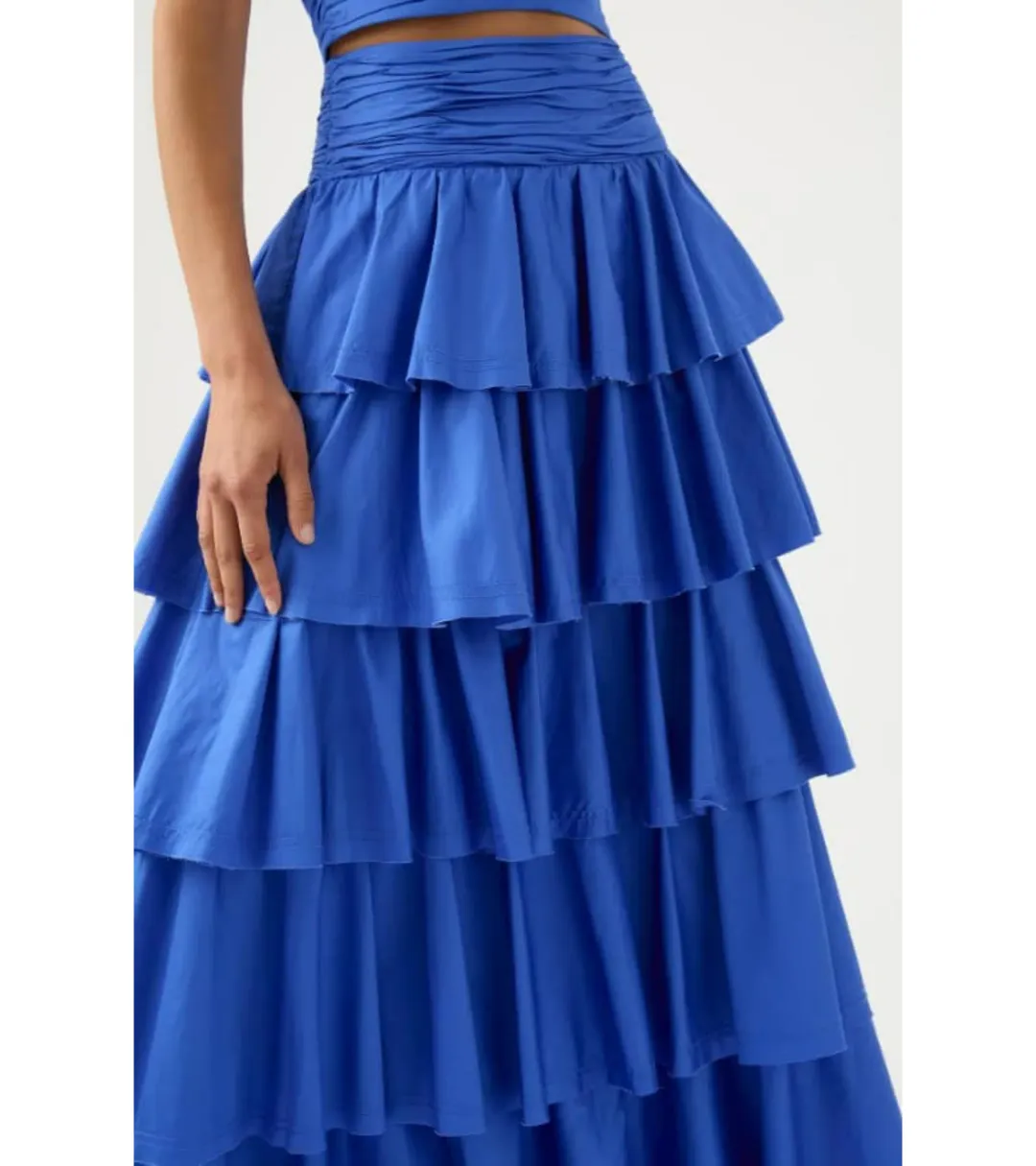 Aje Imagination Frill Sleeve Top Size AU 14 and Eleni Tiered Maxi Skirt Blue Size AU 12 for rent on The Volte - main image