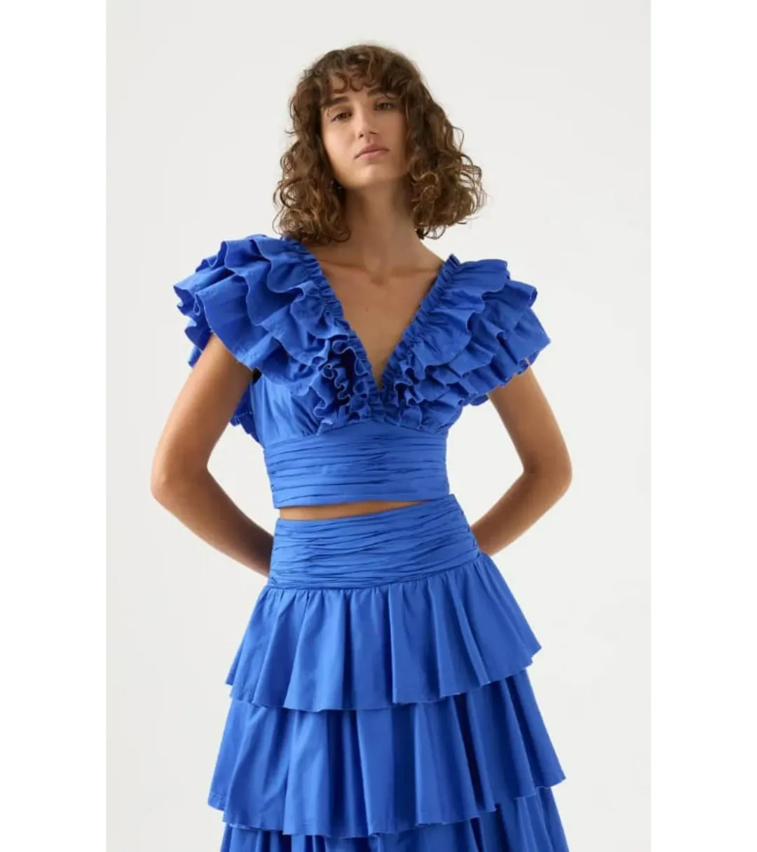 Aje Imagination Frill Sleeve Top Size AU 14 and Eleni Tiered Maxi Skirt Blue Size AU 12 for rent on The Volte - main image