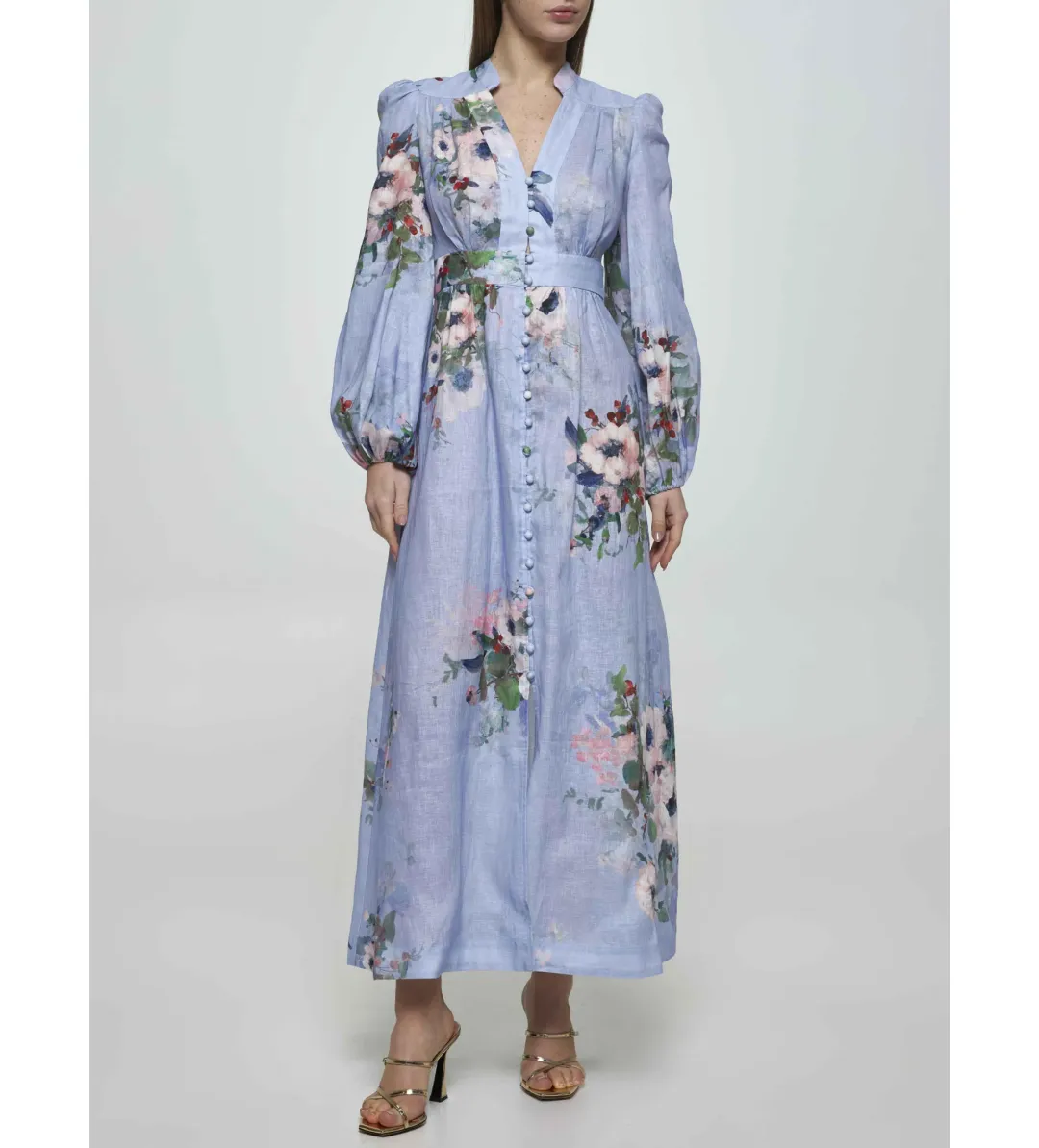 Zimmermann The Everley Plunge Midi Dress in Light Blue Watercolour Floral  Size 2/Au  12 for rent on The Volte - main image