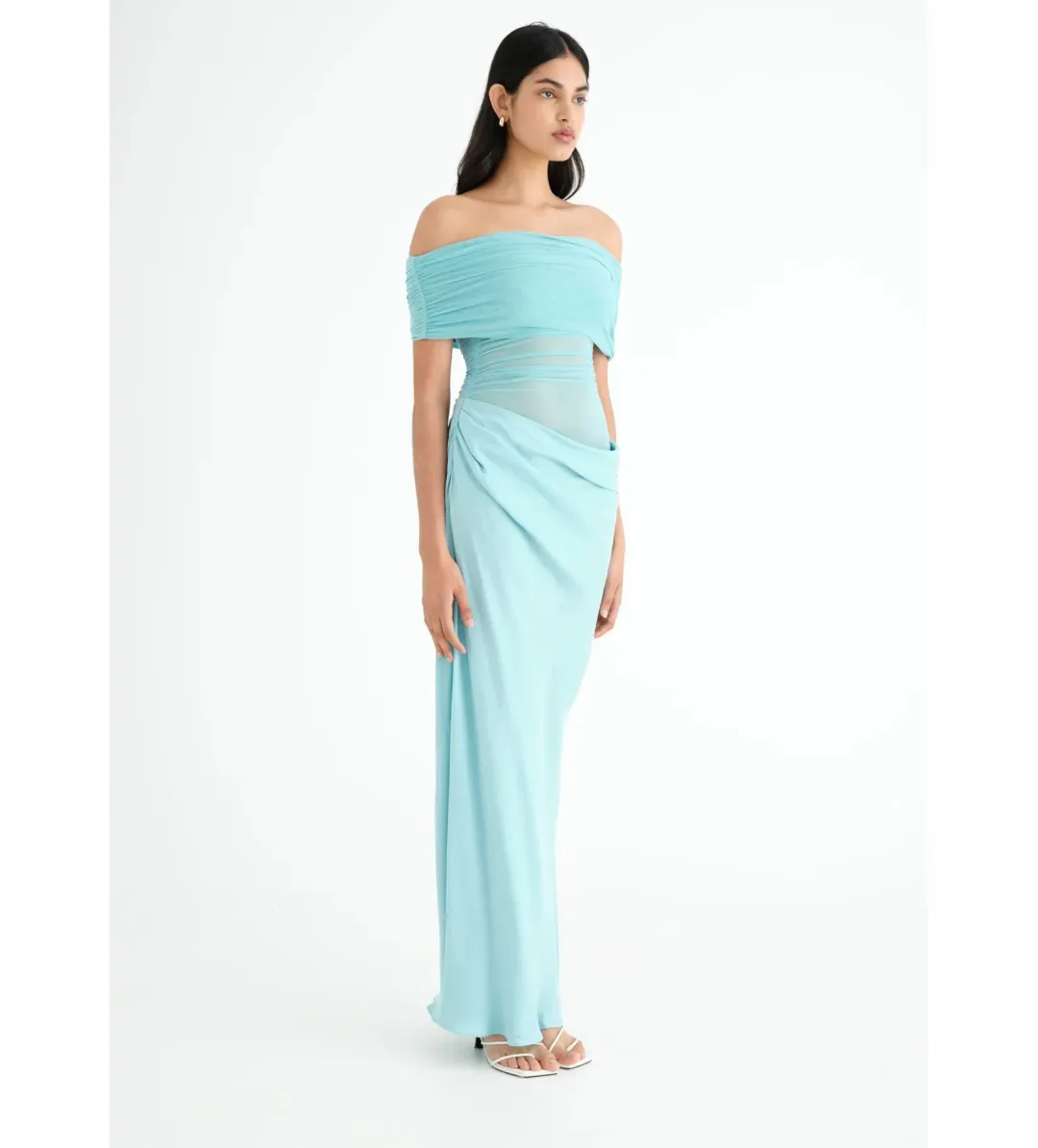 Benni Nico Off Shoulder Maxi Dress Aquamarine Size AU 8 for rent on The Volte - main image
