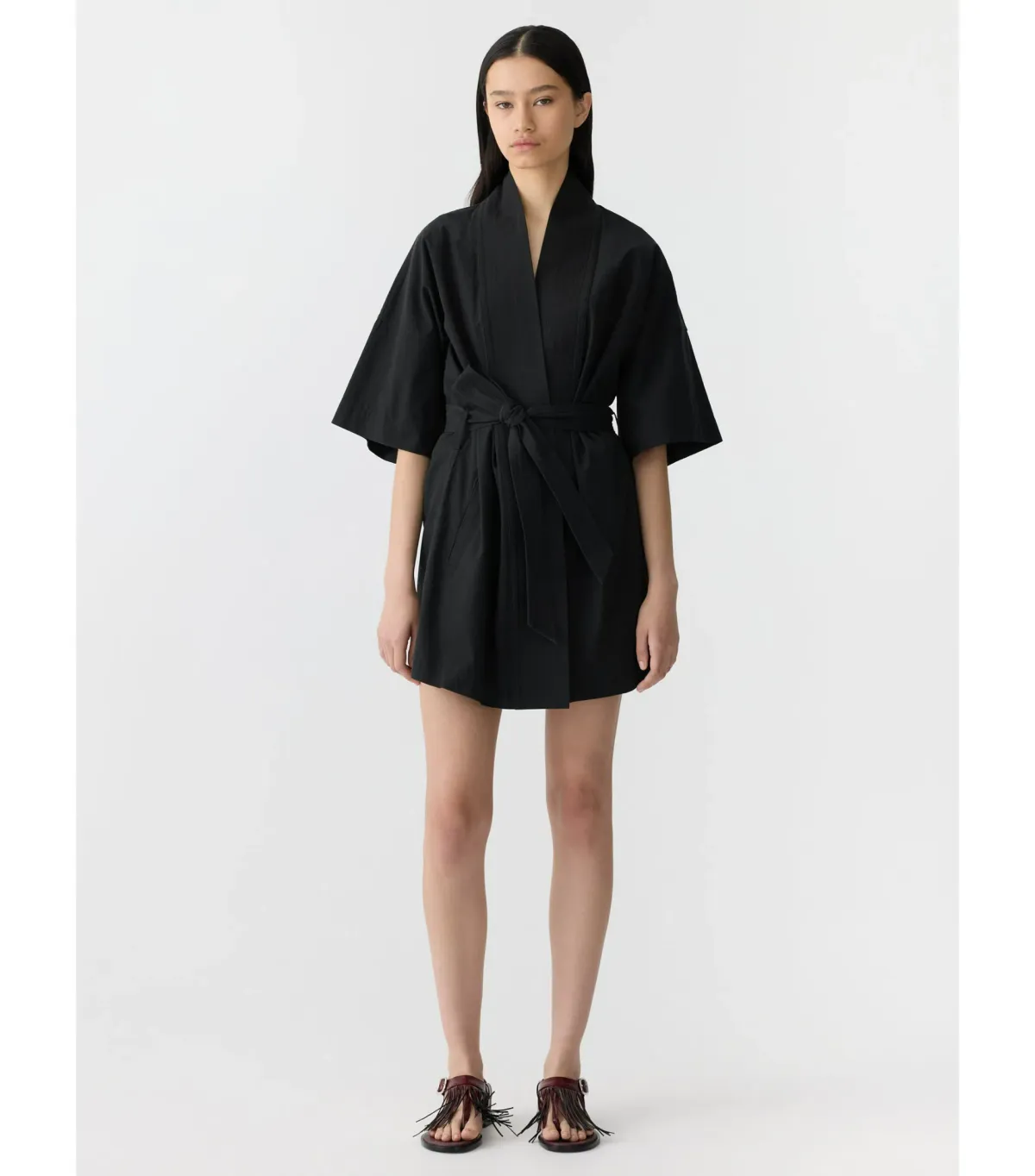 Bassike Crushed Cotton Wrap Mini Dress Black Size 3 / AU 12 for rent on The Volte - main image