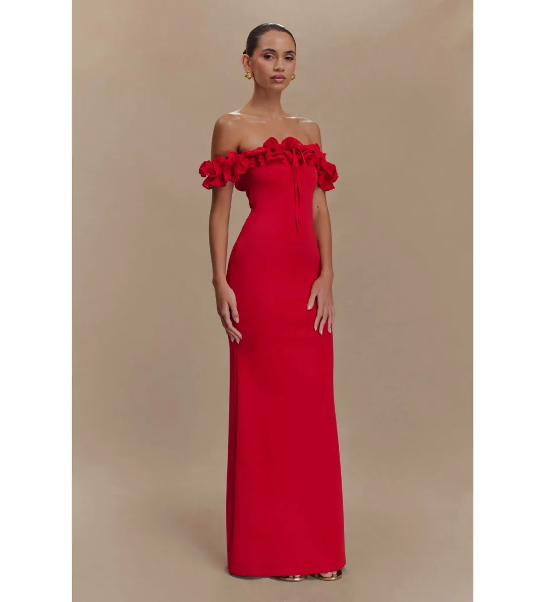 Nova Ruffle Off Shoulder Maxi Dress Ruby Size XS / AU 6 for rent on The Volte - main image