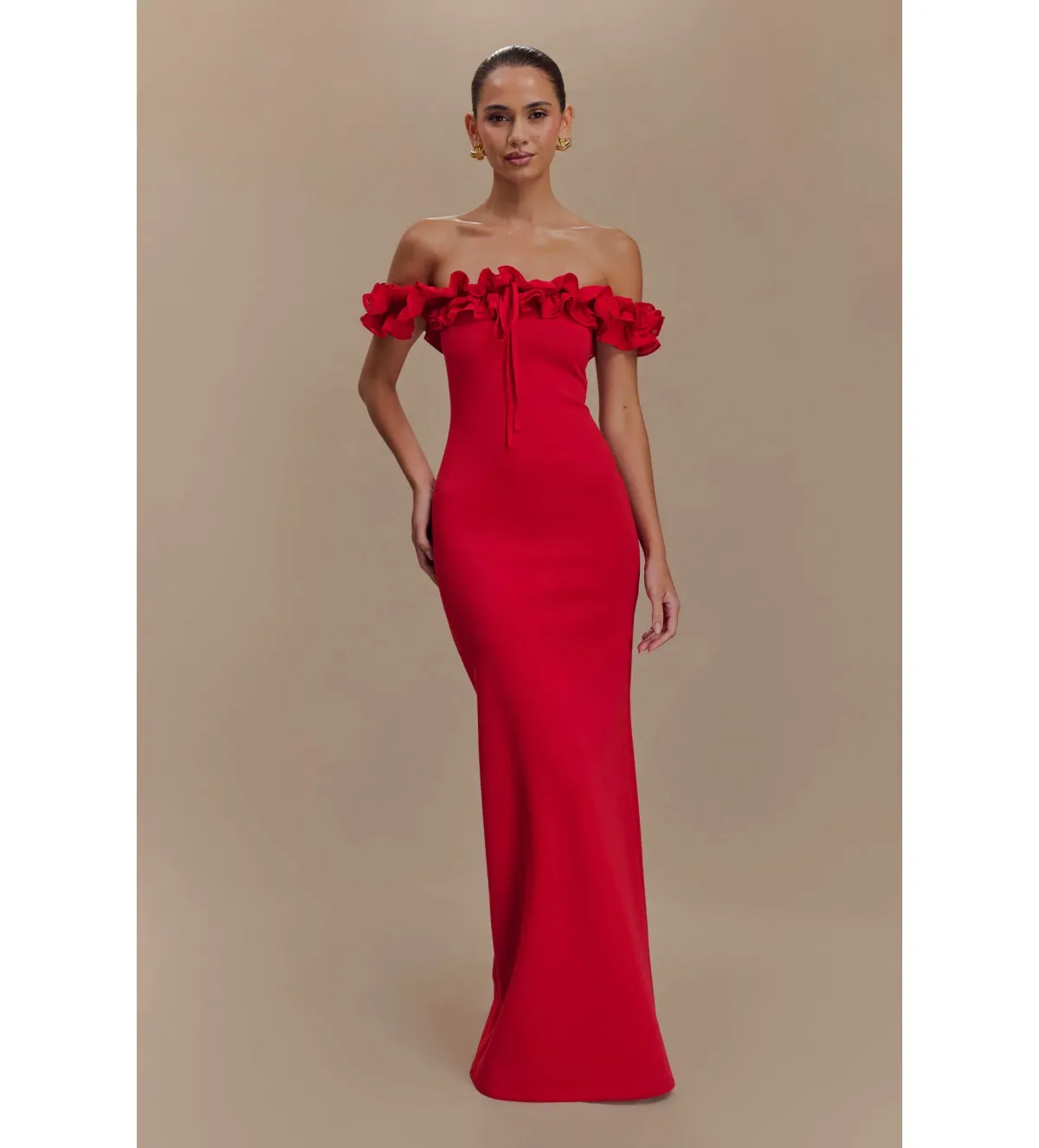 Nova Ruffle Off Shoulder Maxi Dress Ruby Size XS / AU 6 for rent on The Volte - main image