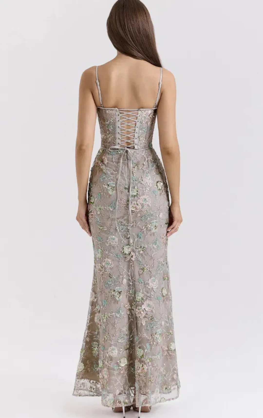 House of CB Naima Silver Embellished Beaded Corset Maxi Dress Regular Cup Size 8 for rent on The Volte - main image
