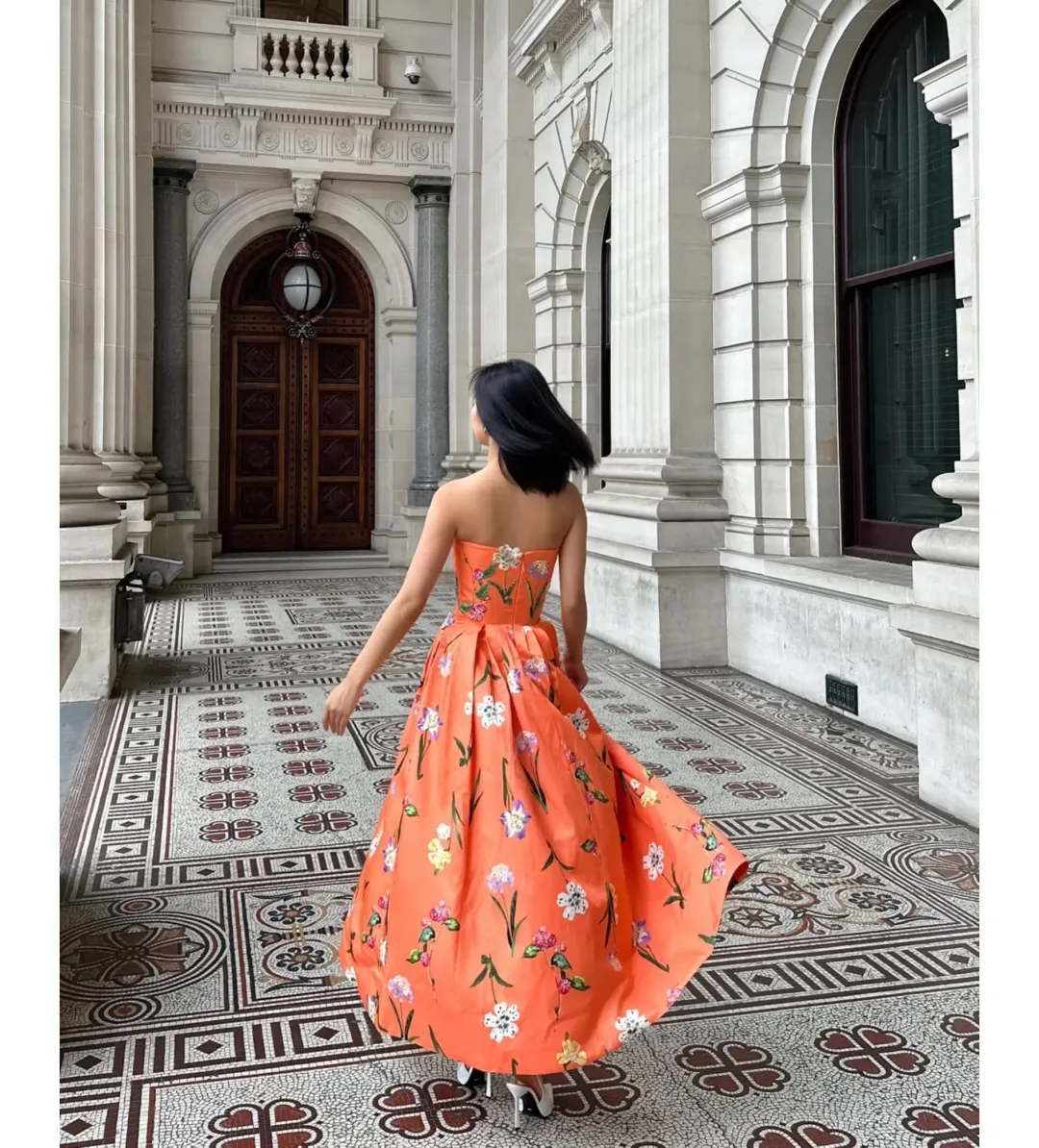 Leo Lin Lynn Bustier Midi Dress Coral Floral Size 14 for rent on The Volte - main image