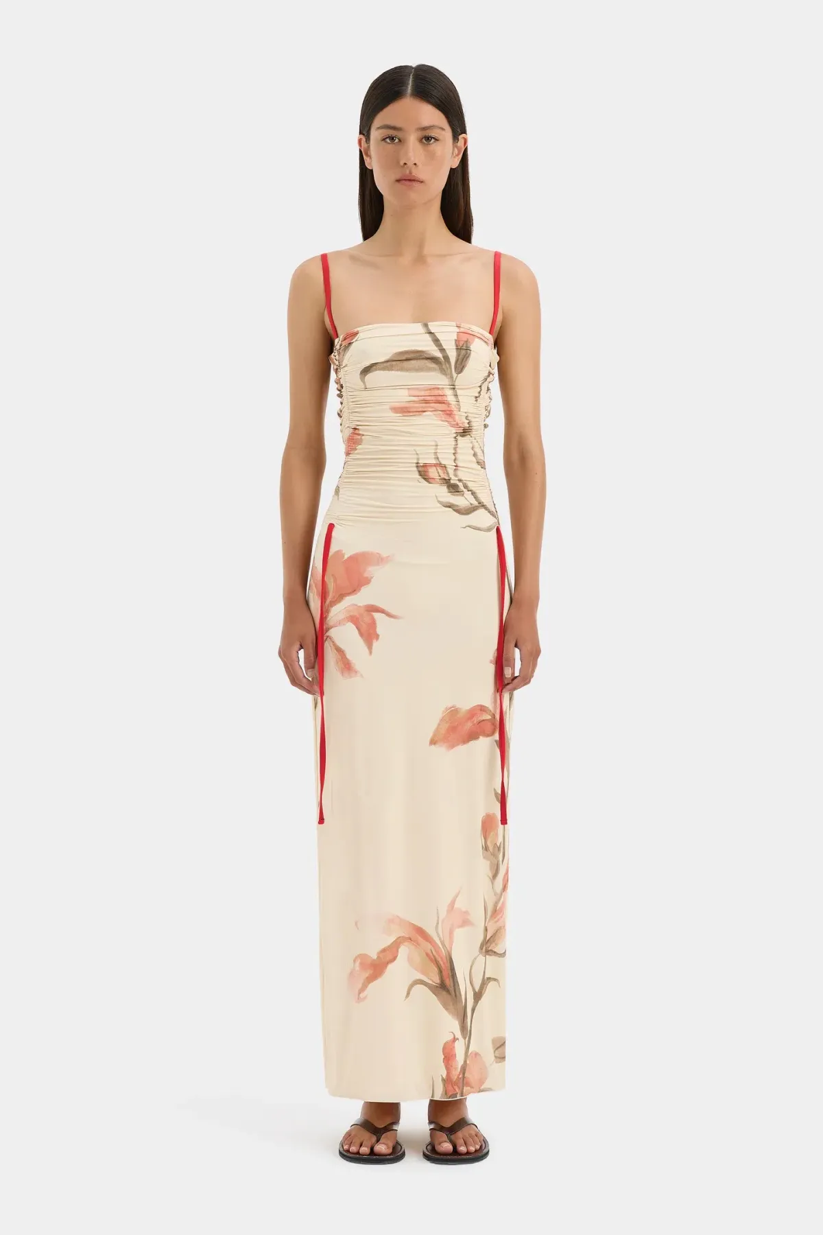 Sir the Label Hana Ruched Midi Dress Gladioli Print Size 2 / AU 10 for rent on The Volte - main image