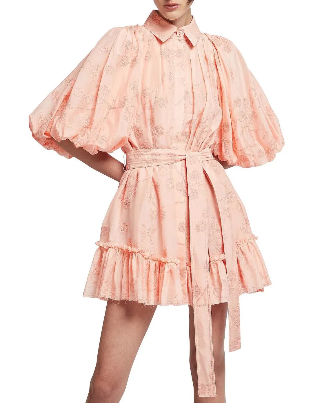 Aje Textural Puff Sleeve Mini Dress Peach Size 10 for rent on The Volte - main image