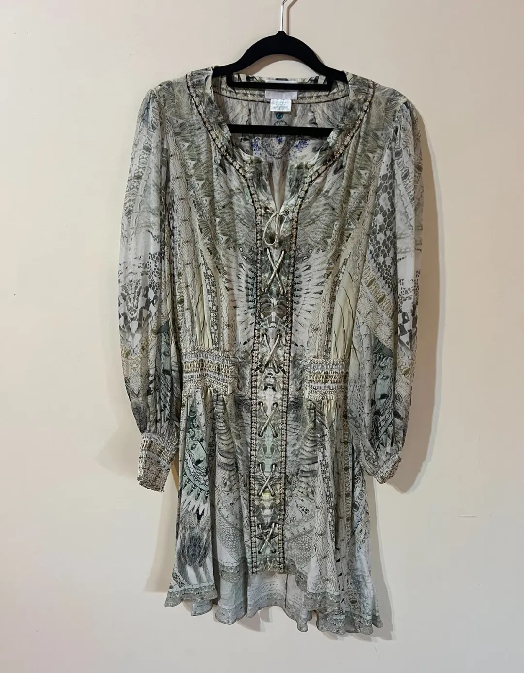 Camilla Lace Up Shirred Waist Mini Dress Daintree Dreaming Print Size S/AU 10 for rent on The Volte - main image
