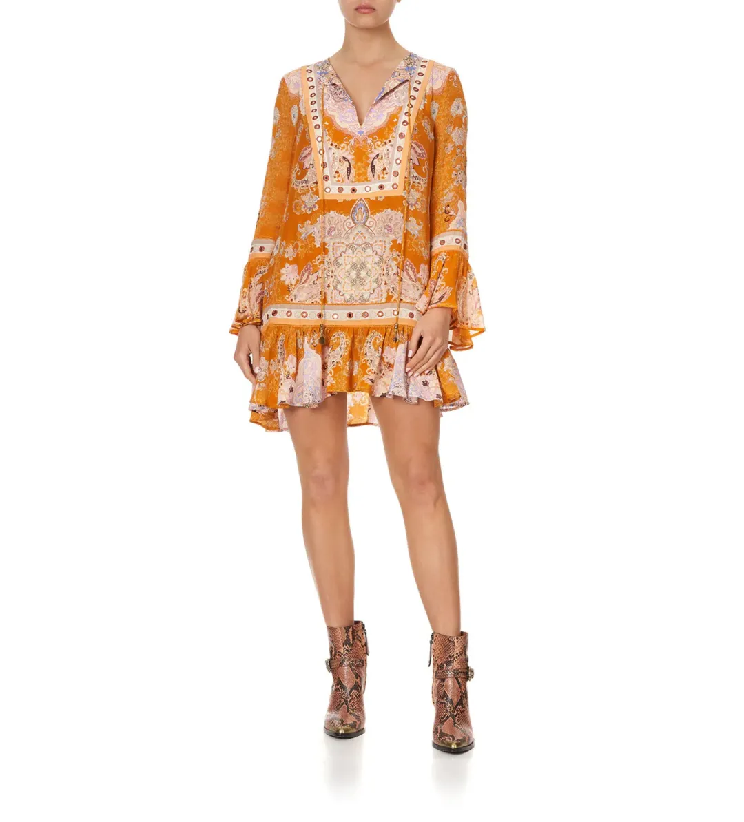 Camilla Marrakesh Maiden  Frill Hem Long Sleeve Dress Orange Size S / AU 10 for rent on The Volte - main image