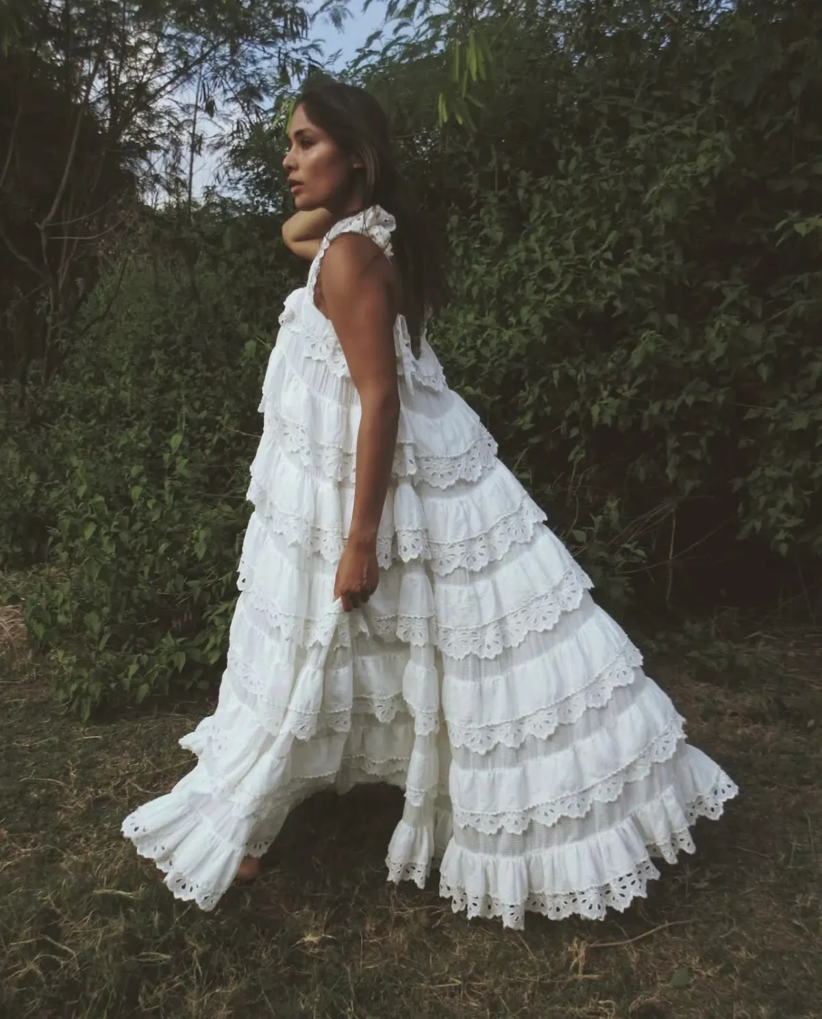 Innika Choo Schiffli Lace Frill Maxi Dress White Size 18 for rent on The Volte - main image