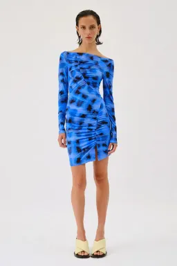 Suboo Shibori Long Sleeve Off Shoulder Dress Mini Blue Size 8 for rent on The Volte - image 1