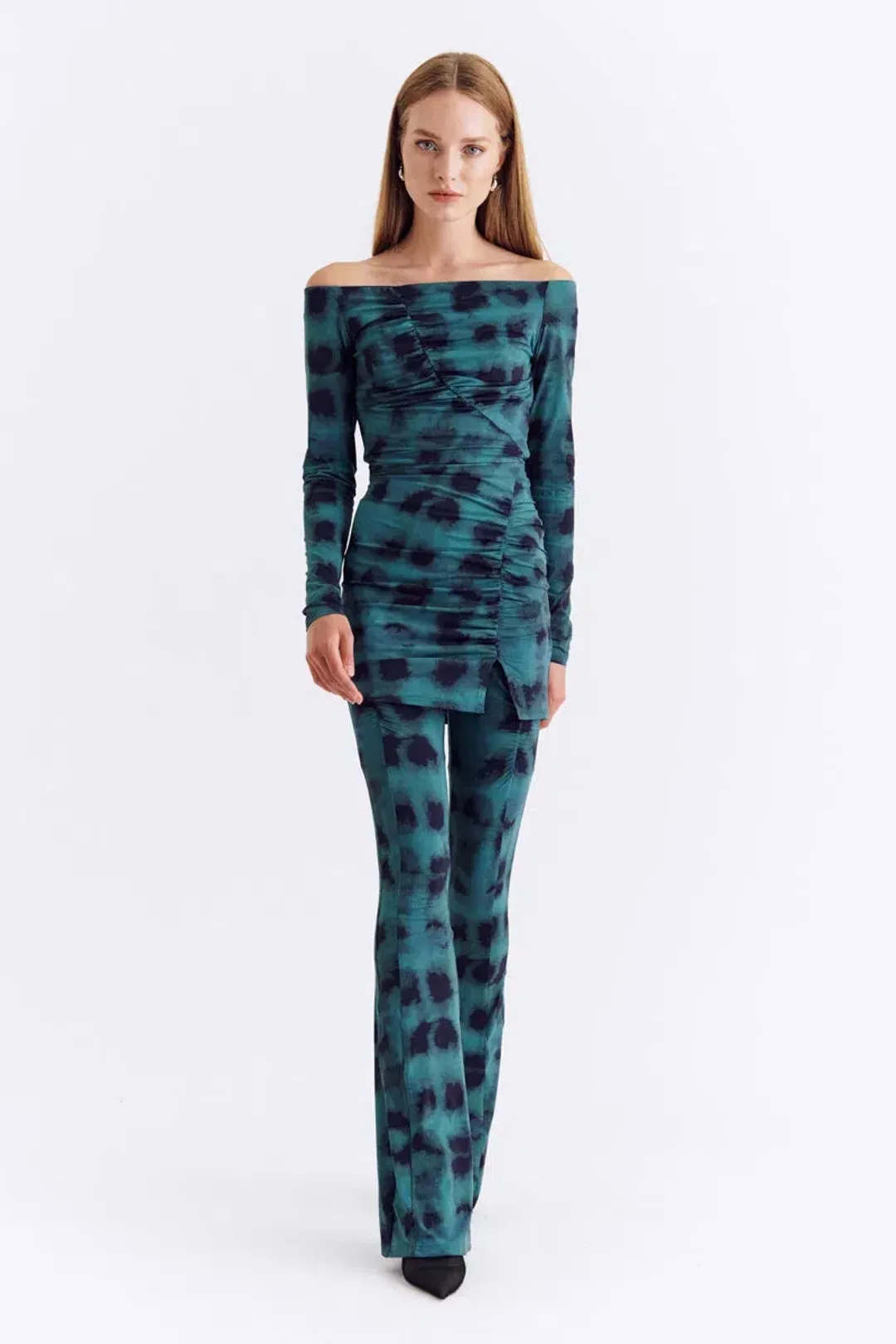 Suboo Shibori Long Sleeve Off Shoulder Dress Mini Green Size 8 for rent on The Volte - main image