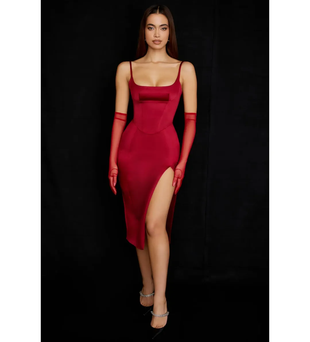 House Of Cb Casimira Wine Satin Corset Midi Dress Red Size 8 for rent on The Volte - main image