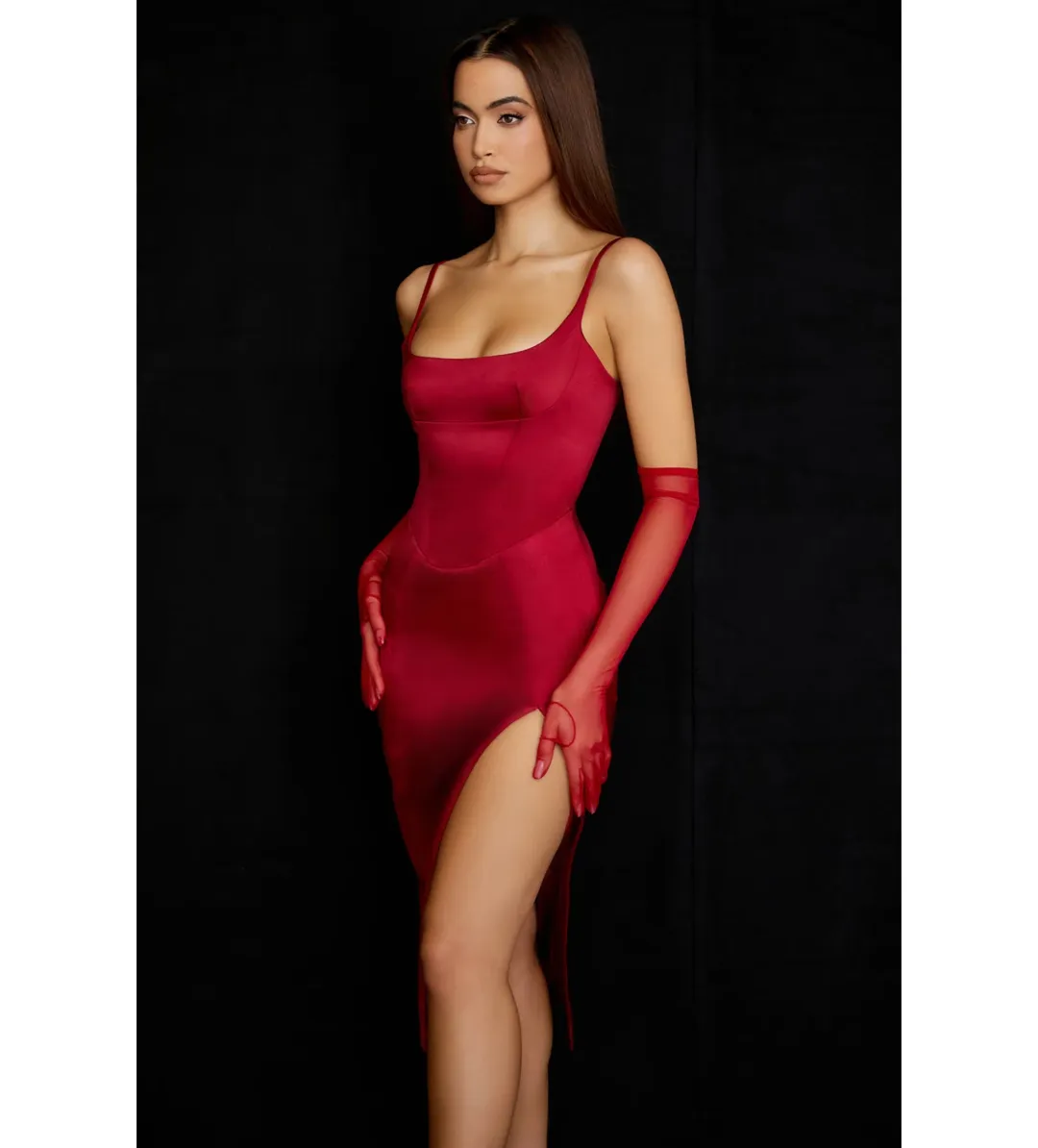 House Of Cb Casimira Wine Satin Corset Midi Dress Red Size 8 for rent on The Volte - main image