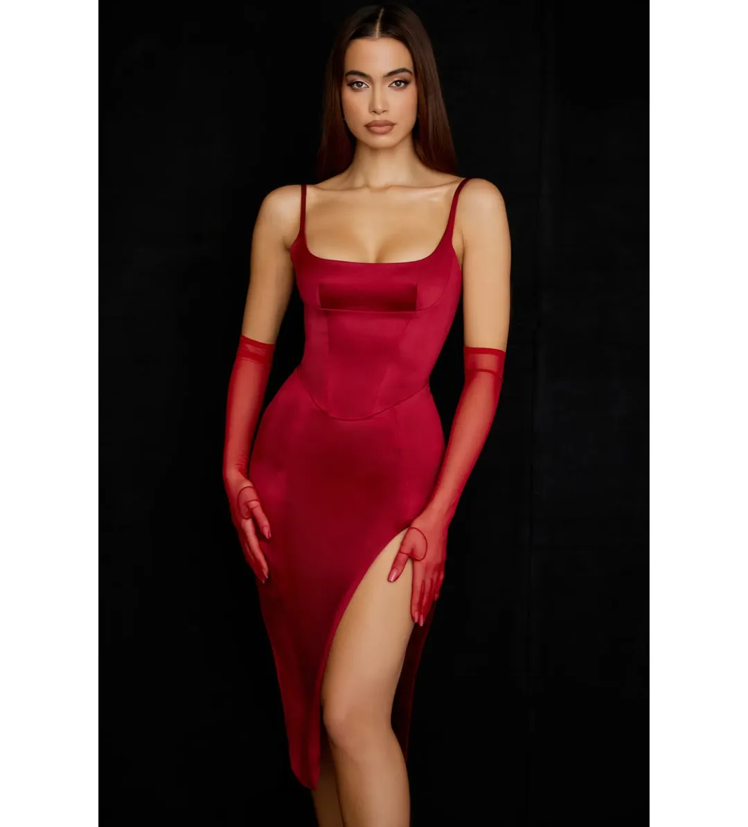 House Of Cb Casimira Wine Satin Corset Midi Dress Red Size 8 for rent on The Volte - main image