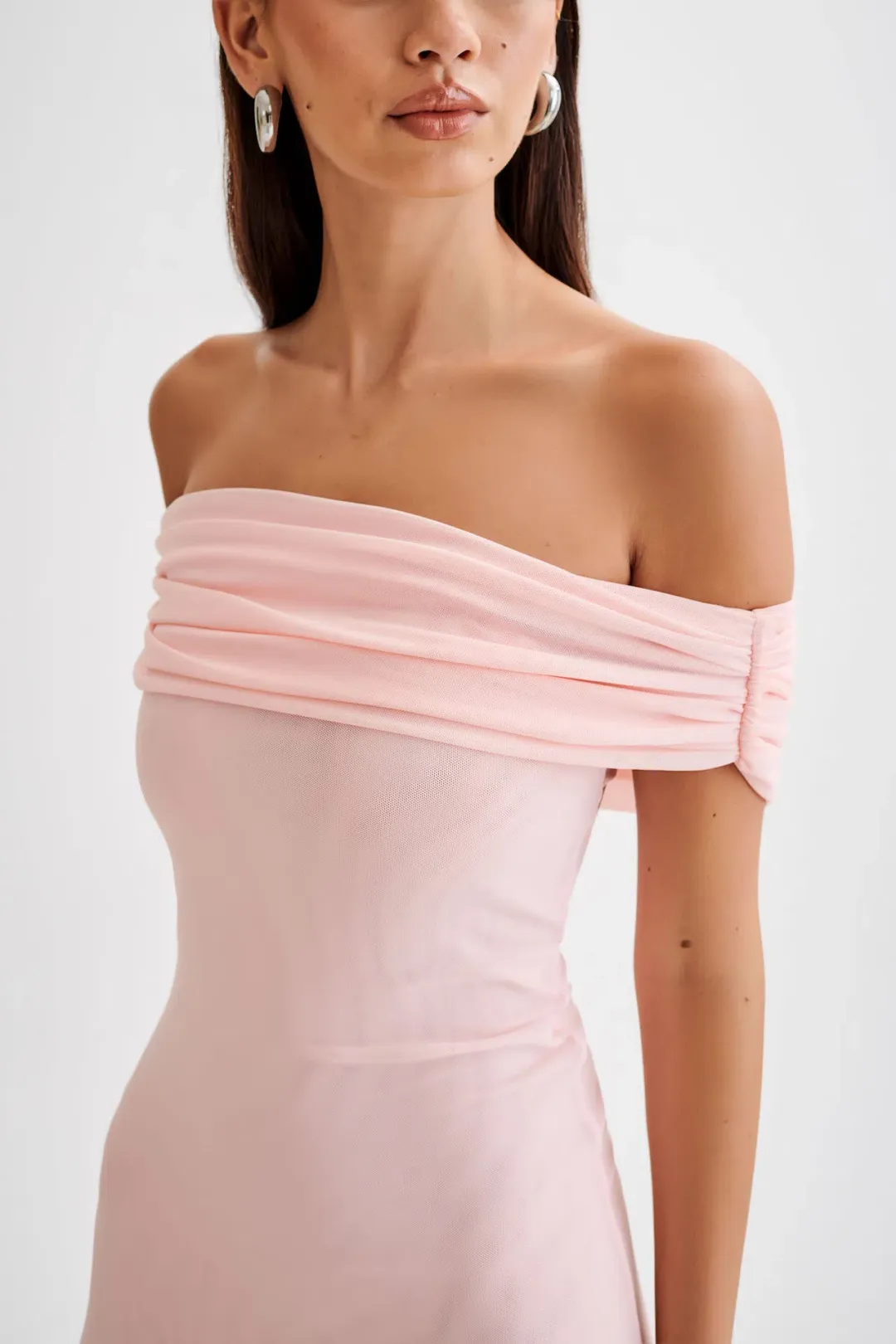 Meshki Audrey Off Shoulder Mesh Maxi Dress Pale Pink Size 12 for rent on The Volte - main image
