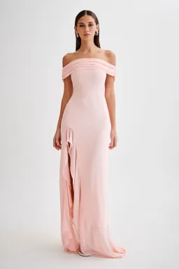 Meshki Audrey Off Shoulder Mesh Maxi Dress Pale Pink Size 12 for rent on The Volte - image 1