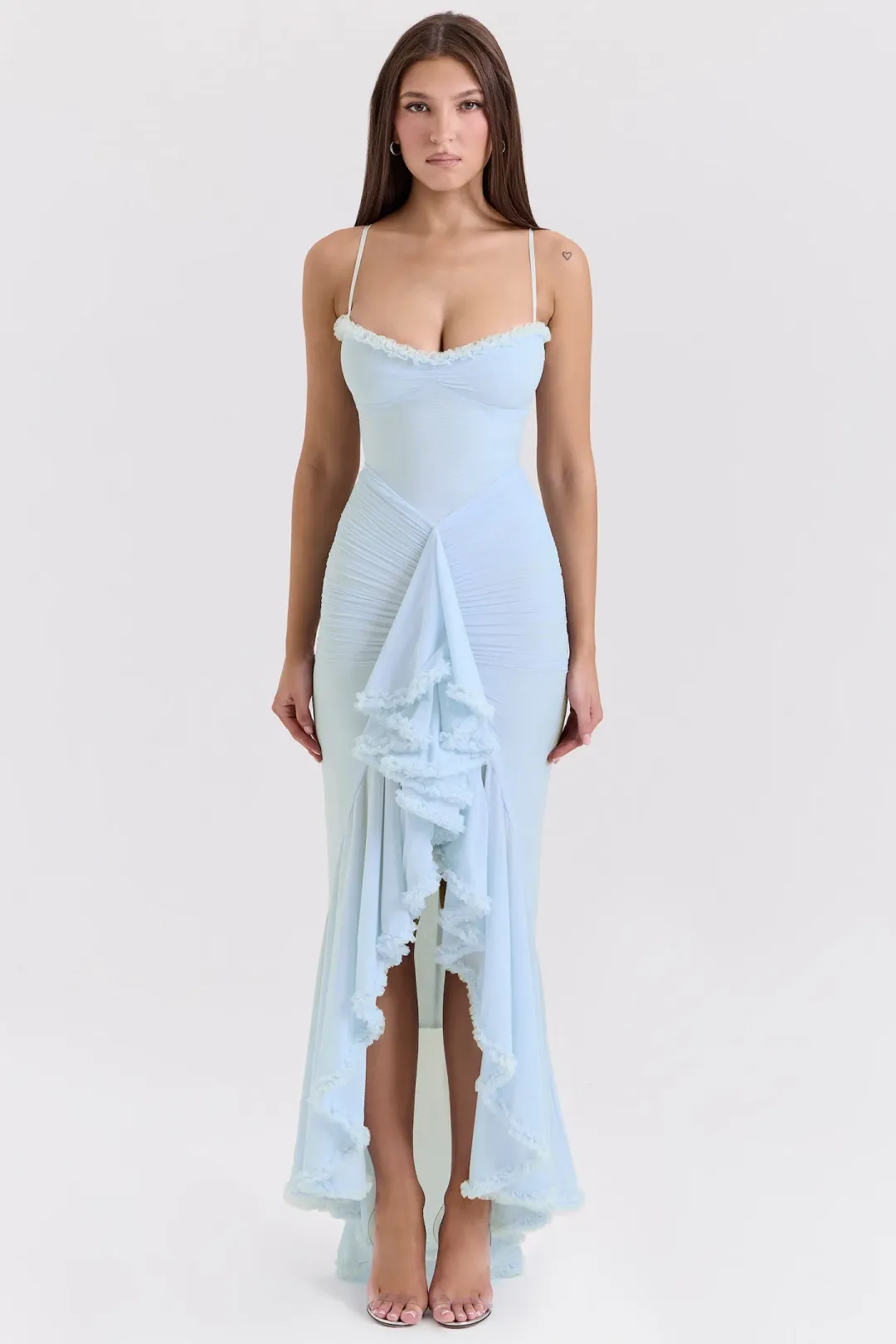 House of CB Gabbi Ice Blue Mesh Ruffled Front Gown Size AU 6 for rent on The Volte - main image