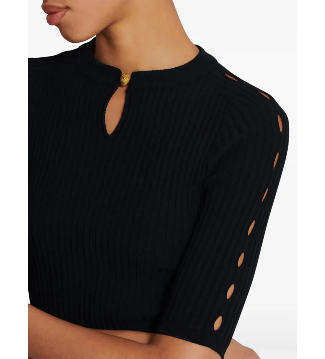 Balmain Round Neck Pleated Ribbed-Knit Skater Mini Dress Black Size AU 10 for rent on The Volte - main image