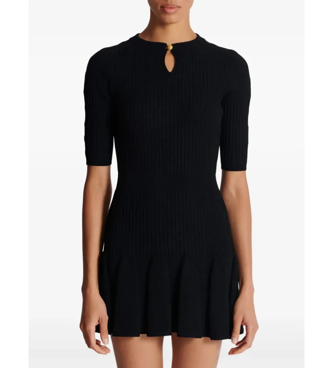 Balmain Round Neck Pleated Ribbed-Knit Skater Mini Dress Black Size AU 10 for rent on The Volte - main image