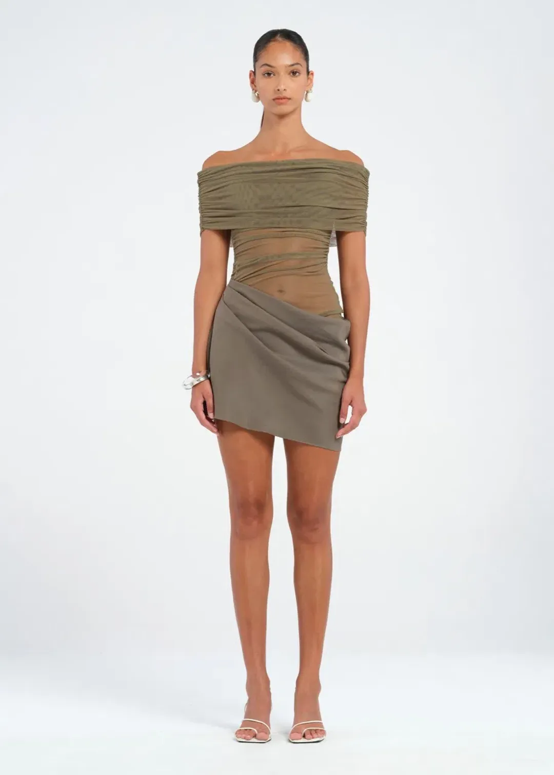 Benni Nico Off Shoulder Mini Dress Khaki Size 10 for rent on The Volte - main image