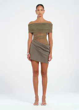 Benni Nico Off Shoulder Mini Dress Khaki Size 10 for rent on The Volte - image 1