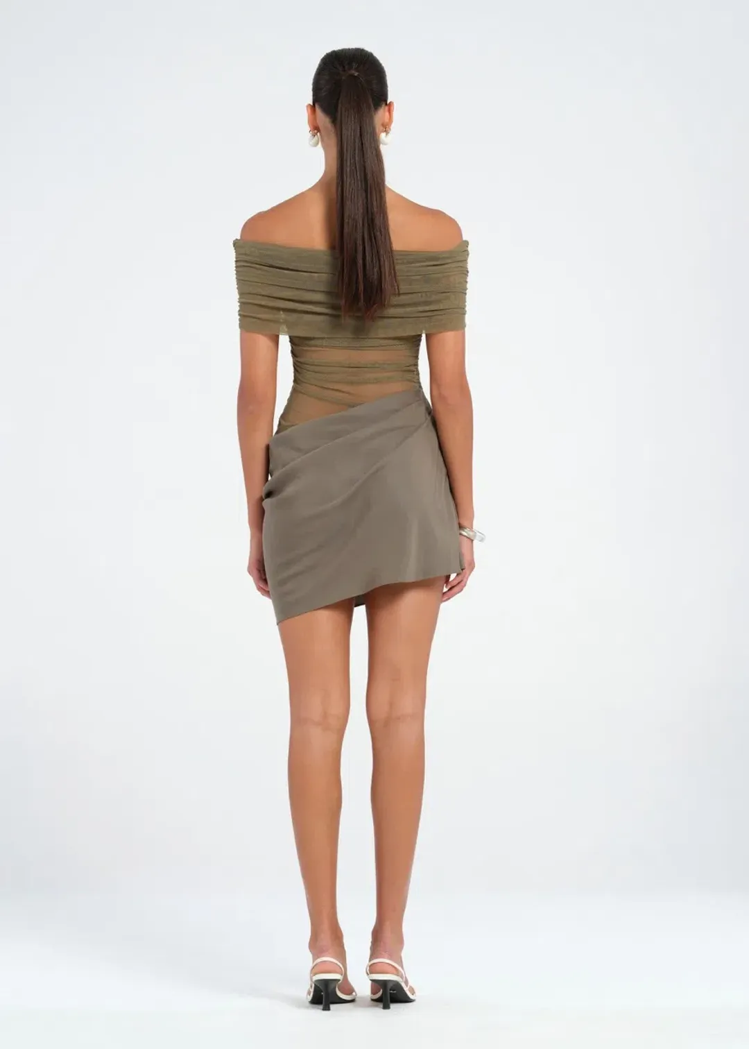 Benni Nico Off Shoulder Mini Dress Khaki Size 10 for rent on The Volte - main image