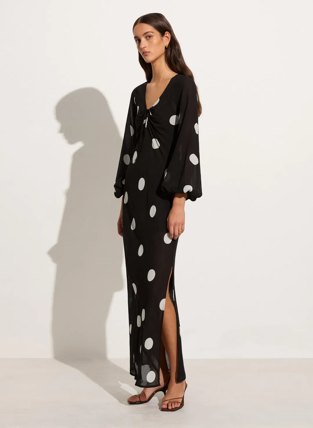 Faithfull The Brand Santos Maxi Dress Veia Polka Dot Chocolate Size AU 8 for rent on The Volte - main image