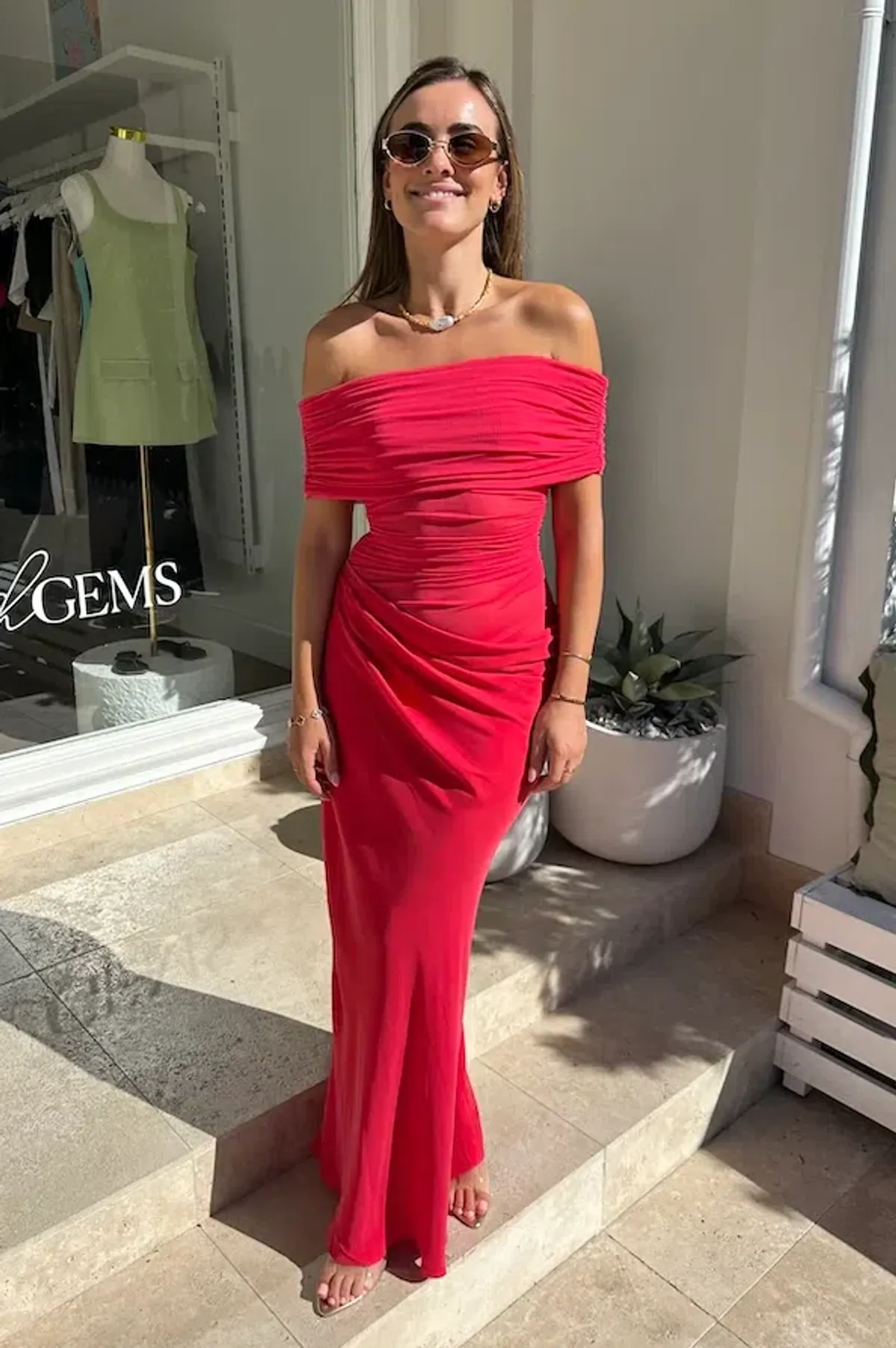 Benni Nico Off Shoulder Maxi Dress Watermelon Size 4 for rent on The Volte - main image