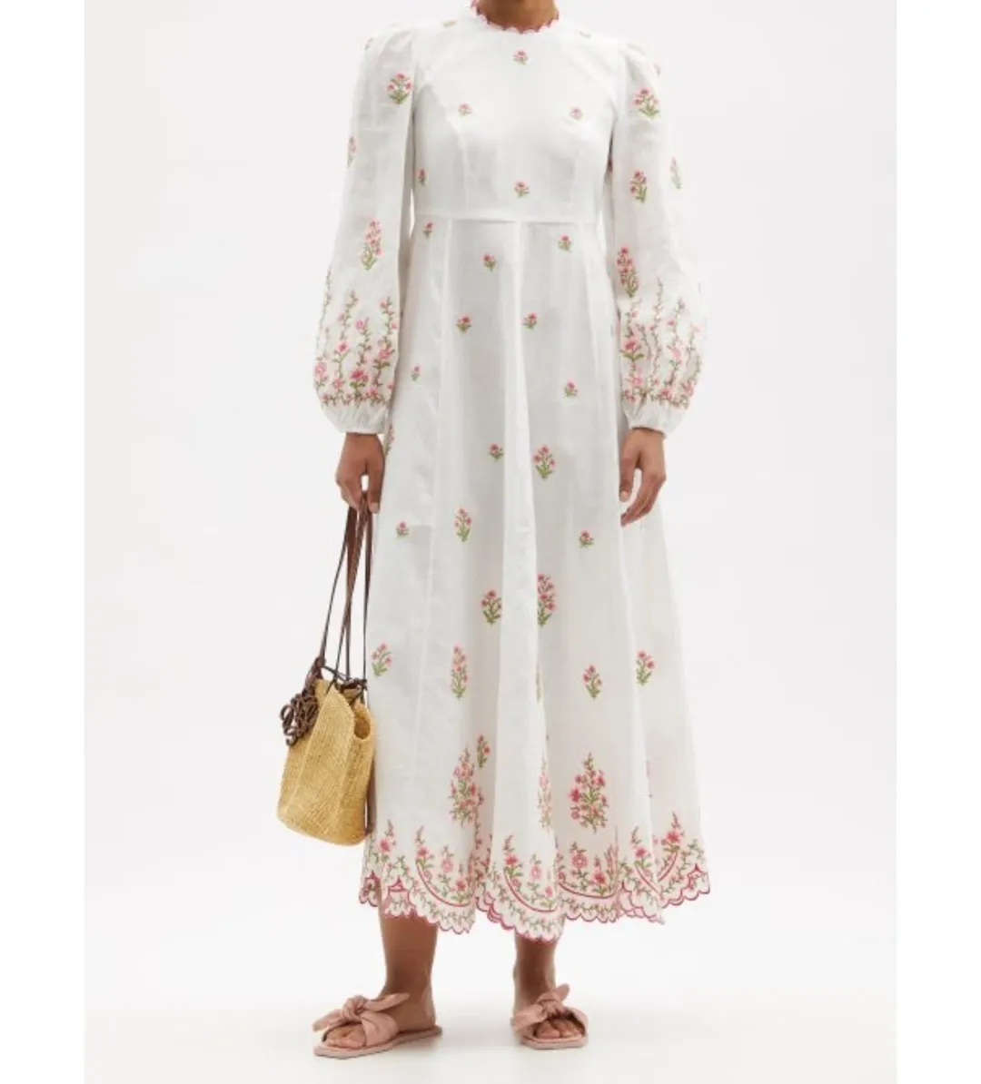 Zimmermann Poppy Floral-Embroidered Linen-Blend Midi Dress White Size 3/AU 14  for rent on The Volte - main image