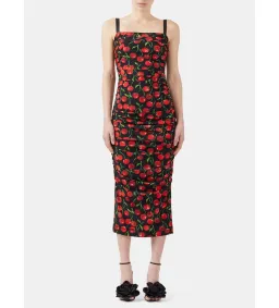 Dolce & Gabbana Cherry-Print Ruched Midi Dress Black Size AU 10 for rent on The Volte - image 1