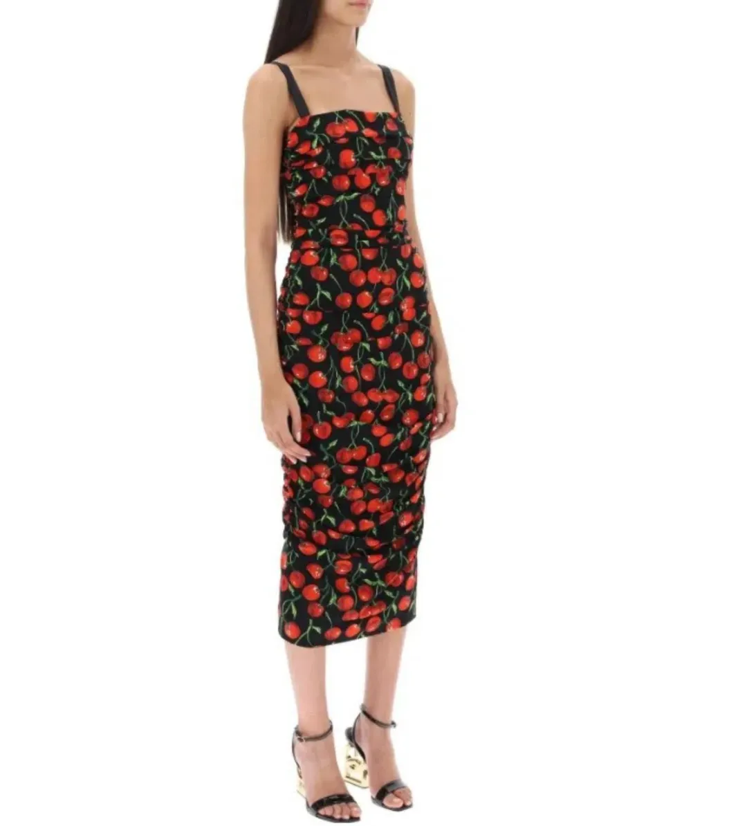 Dolce & Gabbana Cherry-Print Ruched Midi Dress Black Size AU 10 for rent on The Volte - main image