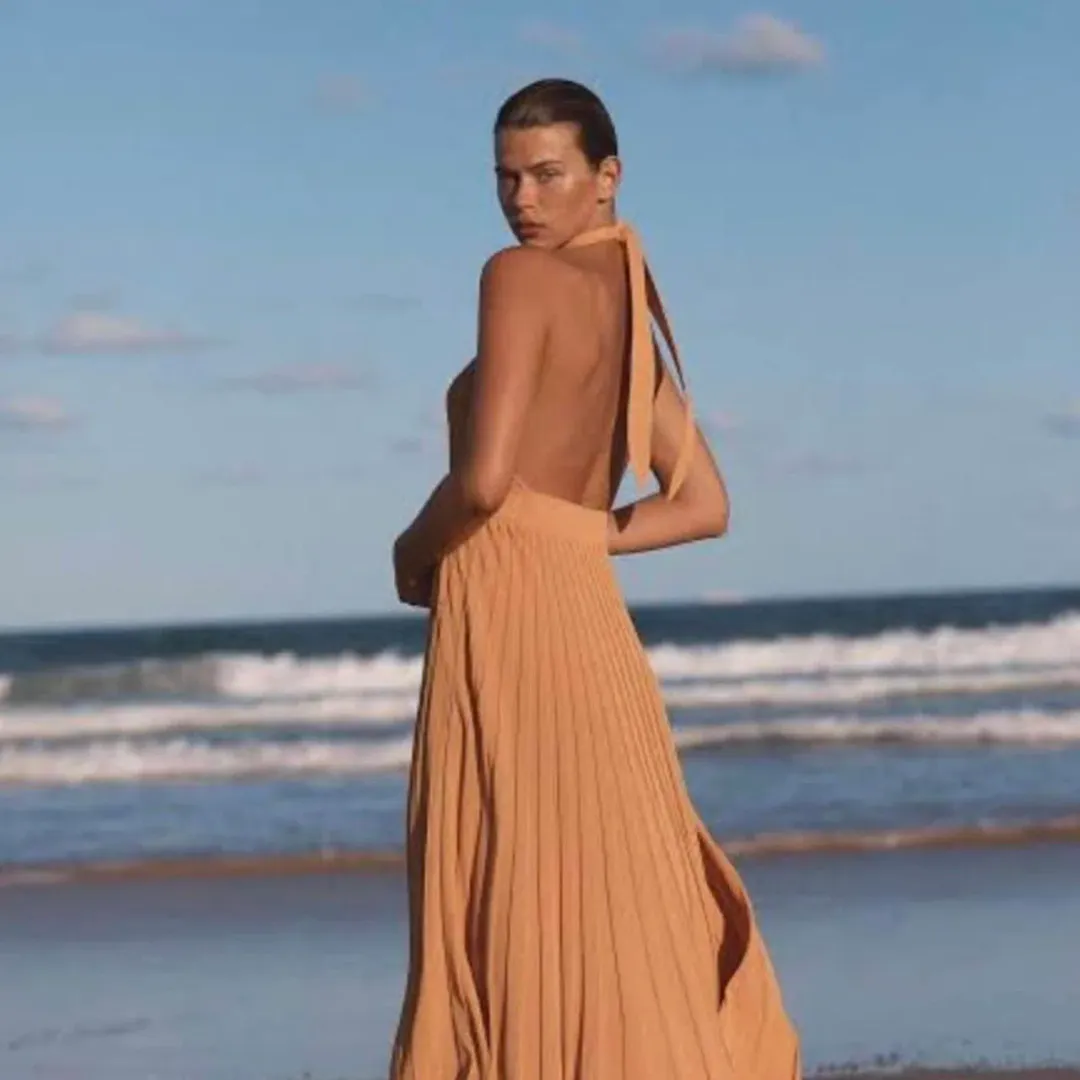 Scanlan Theodore Orange Crepe Knit Pleated Dress Size 10 for rent on The Volte - main image