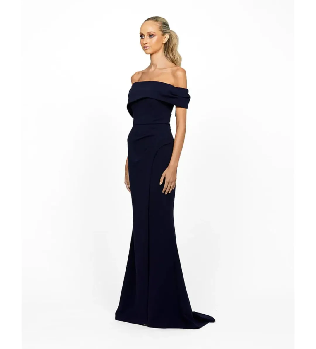 Bariano Candlelight Off Shoulder Maxi Gown Navy Size 12 for rent on The Volte - main image