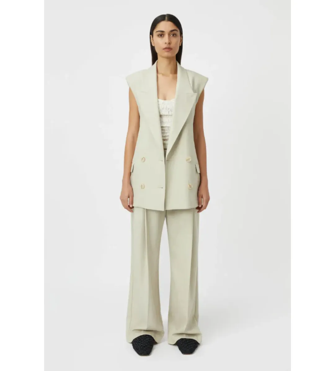 Camiilla and Marc Coen Vest Suit and Pants Sage Green Size 8 for rent on The Volte - main image