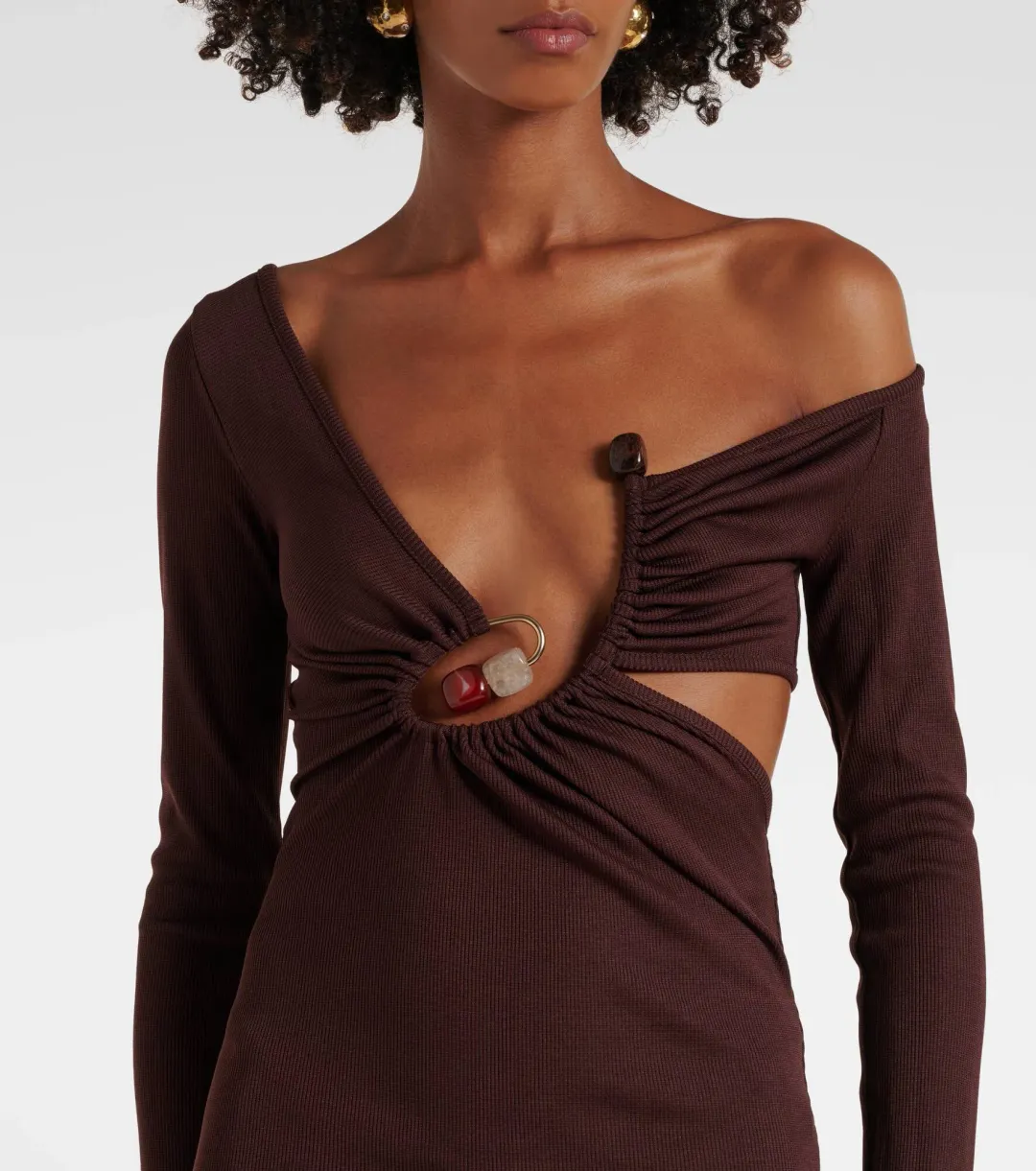 Christopher Esber Spiral Crystal Ribbed-Knit Midi Dress Mahogany Size 10  for rent on The Volte - main image