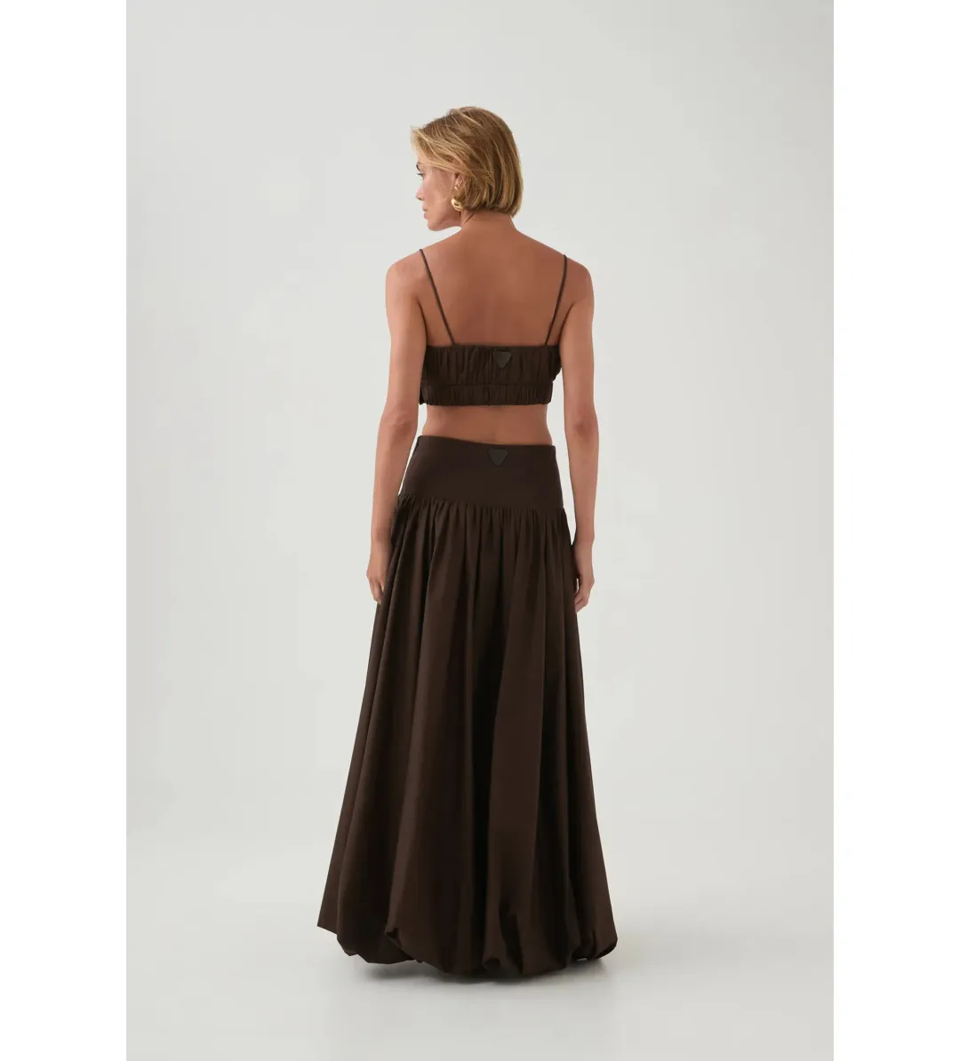 Aje Havana Ruched Top & Bubble Midi Skirt Set in Chocolate Size 6 for rent on The Volte - main image